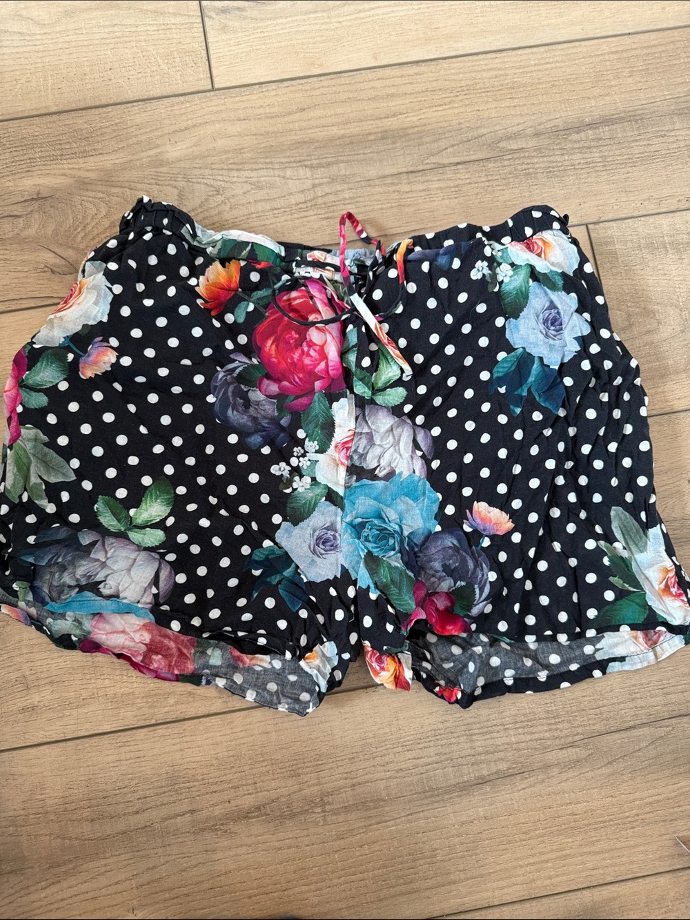 Johnny Was Black Polka Dot Floral Drawstring Skort
